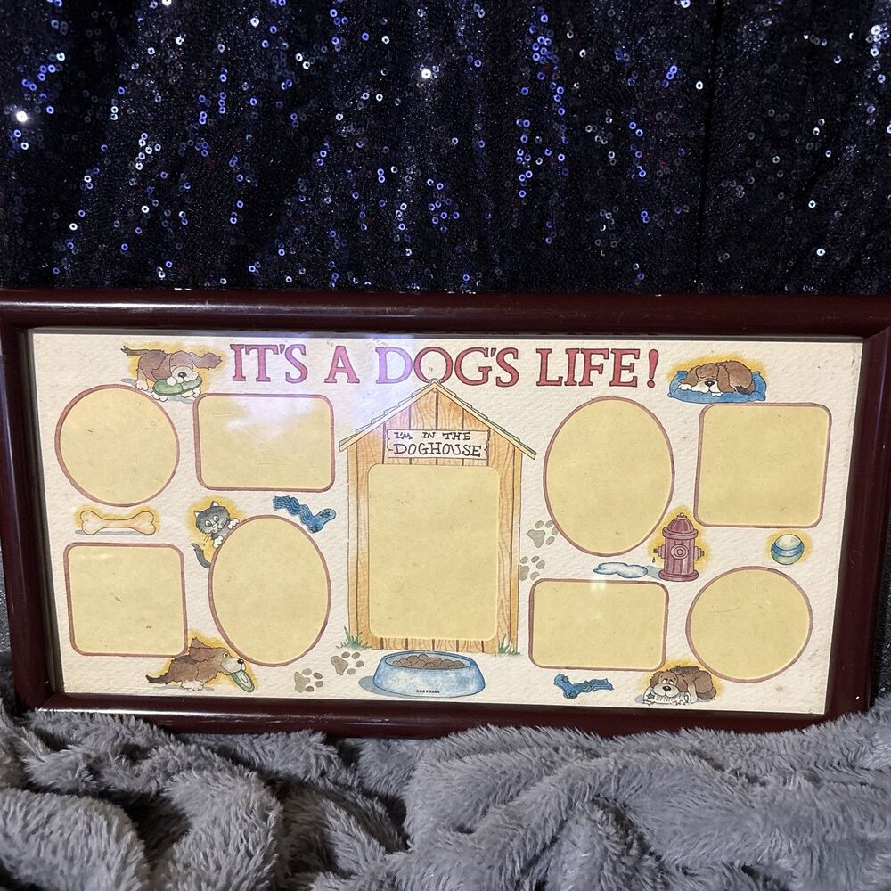 Vintage Its A Dogs Life Pet Collage Picture Frame Wood Wall Decor 8x16 USA